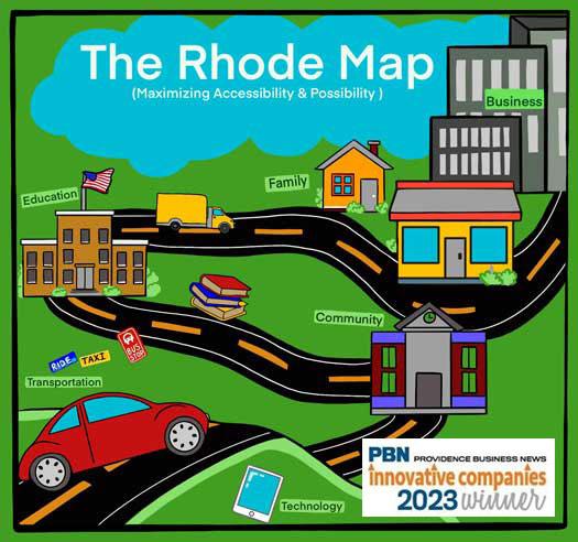 The Rhode Map graphic the creatively illustrates a road connecting Business, Family, Education, Community, Transportation and technology